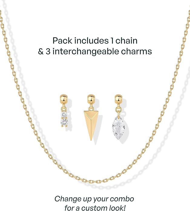PAVOI 14K Gold Plated Dainty Necklace with Charms Set - Hypoallergenic Adjustable Chain Gold Charm Necklace for Women - Small Motif & Mantra 2 and 3-Pack Removable Pendants - Cute Jewelry Gifts