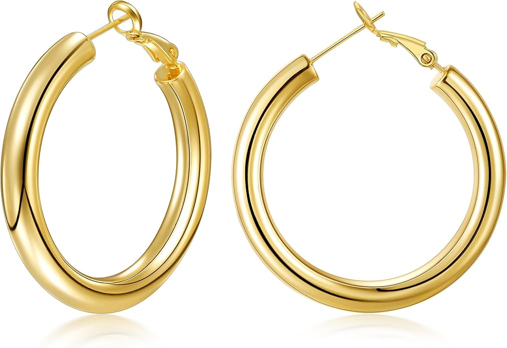 sovesi Chunky Gold Hoop Earrings for Women with 925 Sterling Silver Post, 14K Gold Plated Small Thick Gold Hoops Earrings for Women