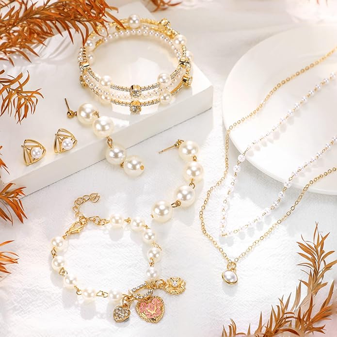 Glenmal Pearl Rhinestone Jewelry Set for Women Pearl Necklace Bracelet Earrings for Wedding Birthday Bridal Shower Tea Party