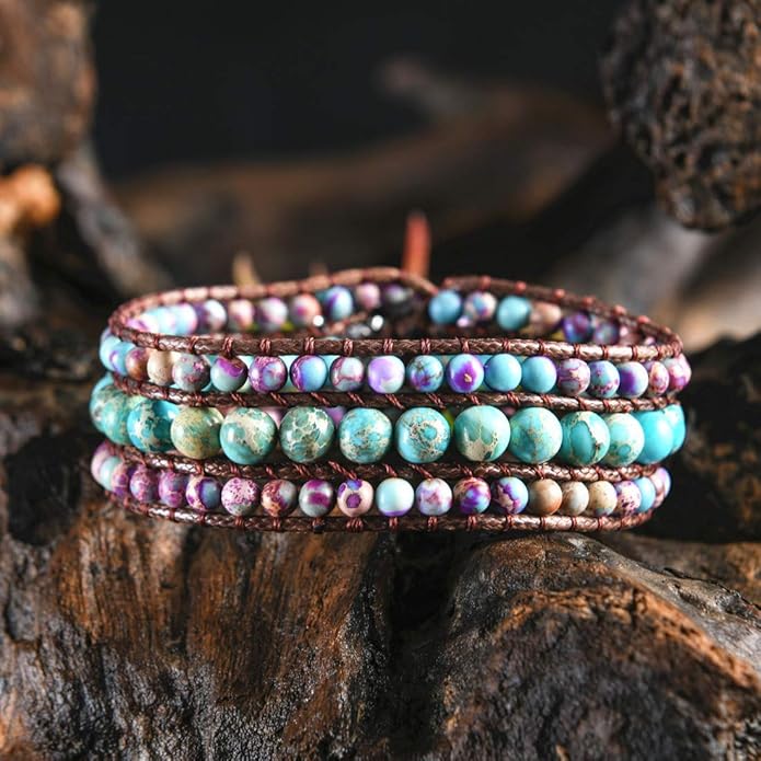 YGLINE Boho Handmade Natural Stone Bead 3 Row Wide Wrap Wrist Statment Bracelet Jewelry Collection
