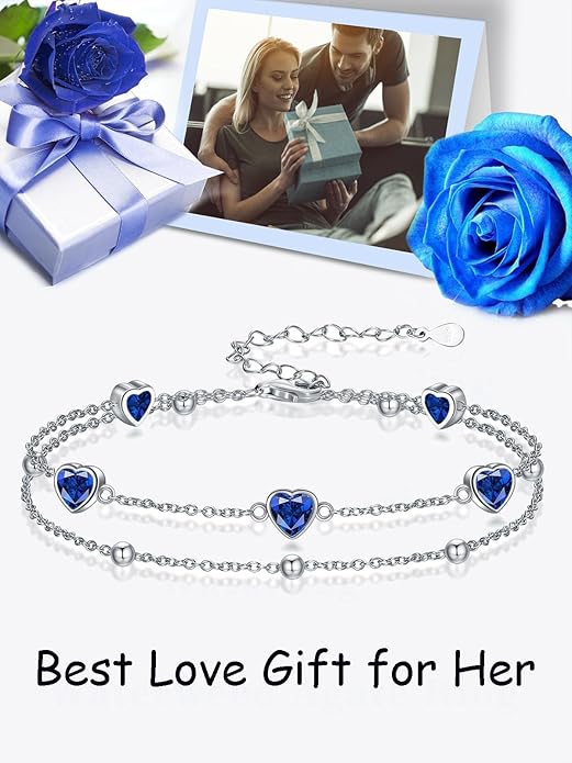 Birthstone Anklet/Bracelets for Women 925 Sterling Silver Charm Link Double Strand Heart Birthstone Jewelry Gift for Wife Women Mother's Day Gift