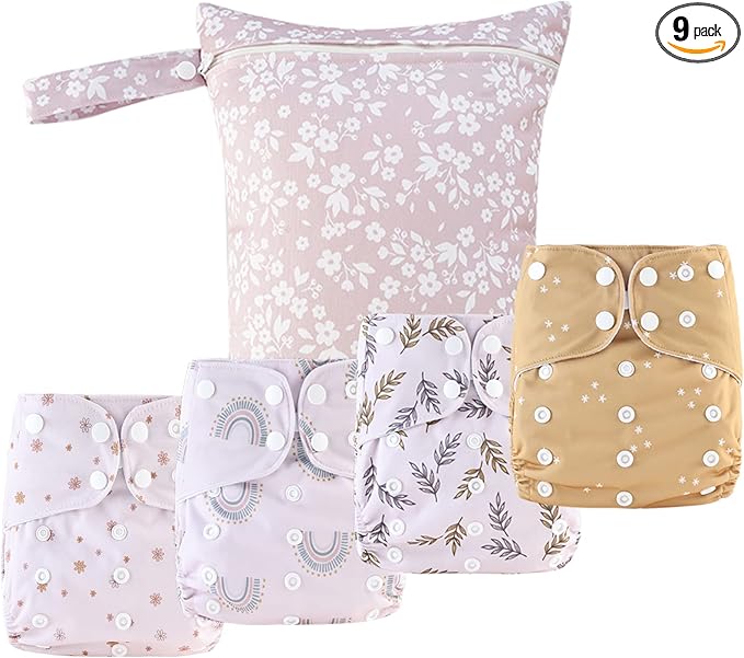HappyFlute 9 Sets Newborn Baby Cloth Pocket Diapers One Size Adjustable Reusable for Baby Boys and Girls(6-33 pounds,0-3 Years),One Wet Bag+4Diapers and 4Inserts