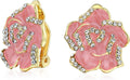 Pink Red Enamel Flower Crystal Edge Spring Retro Floral Rose Clip On Earrings For Women Non Pierced Ears 14K Gold Plated