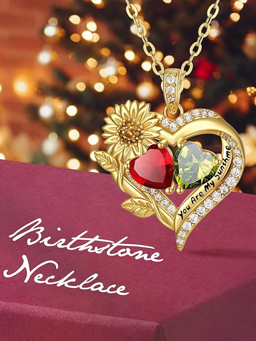 Sunflower Heart Necklace for Women 14K Gold Exquisite Valentines Day Anniversary Birthday Gifts for Wife Mother Her Double Birthstone Pendant Jewelry‘You Are My Sunshine’