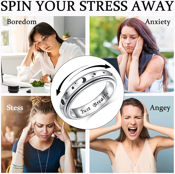 Ladytree Anxiety Relieve Rings 925 Sterling Silver Spinner Fidget Ring Worry Stress Relieving Boredom ADHD Autism Ring Platinum Plated Jewelry Birthday Gifts for Women Men