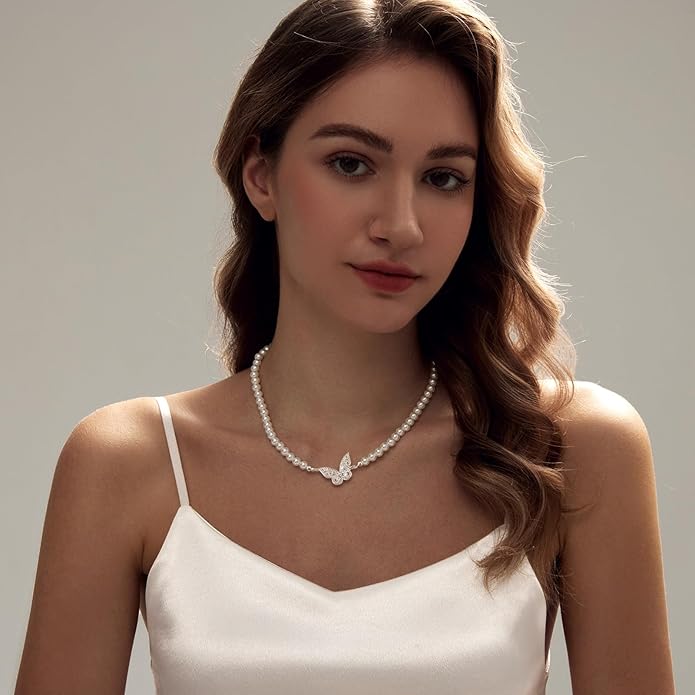 Zeffy Pearl Necklace 4MM/6MM/8MM Dainty Round Imitation Pearl Choker Necklace Wedding Pearl Necklace Delicate Jewelry for Women Simple Bridesmaid Jewelry Gifts