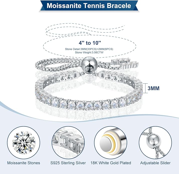 Moissanite Tennis Bracelet 1.79ct-8.69ct Adjustable Bracelet for Women 18K White Gold Plated S925 Sterling Silver Tennis Bracelet D Color VVS1 Round Cut 2/3/4mm Moissanite Bracelet Gifts for Wife/Mom