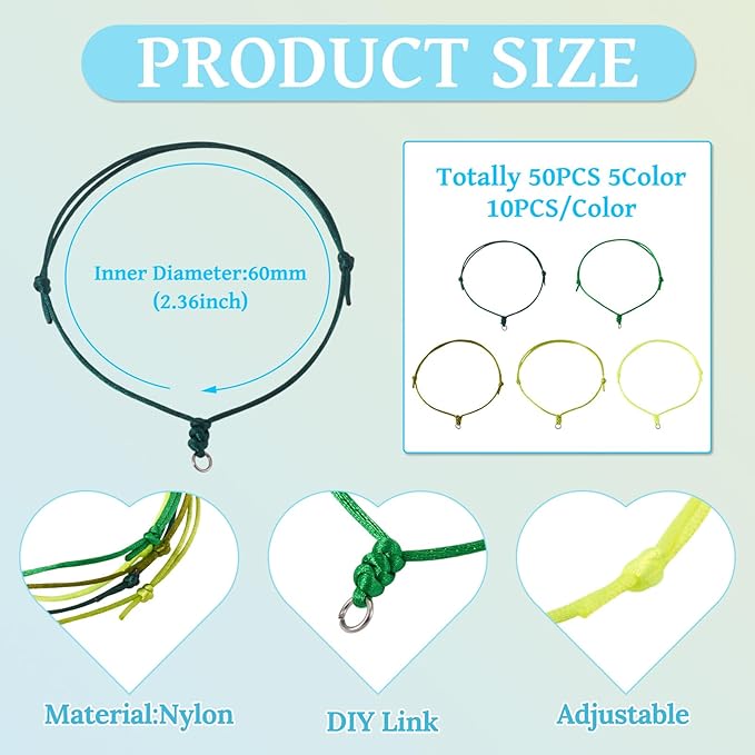 50Pcs Adjustable Braided Cord Colorful Waxed Thread Half Finished Bracelet with Jump Rings Knotting Bracelet Ropes for Wrist DIY Women Jewelry Friendship Bangle Decor 2-3/8 Inch Long-Green