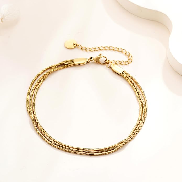 SLOONG Valentines Day Gifts for Her Gold Pearl Bracelets, 18K Real Gold Plated Dainty Stackable Snake Chain CZ Heart Pendant Bracelets, Layered Waterproof Jewelry Gift for Women Adjustable 6"+2"