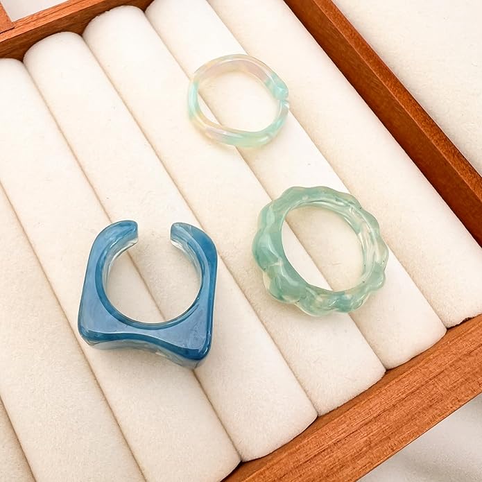 Viva Joya Resin Acrylic Plastic Knuckle Rings for Women, Chunky Trendy Colorful Stackable Jewelry, Statement Dome Thick Rings, Bulk Set