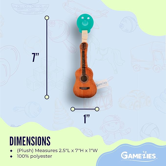 Gamezies Baby Boy and Girl Silicone Guitar Plush Pacifier with Detachable Western Plush Toy Holder, Guita- CPSIA Tested, BPA-Free 0-6 Months