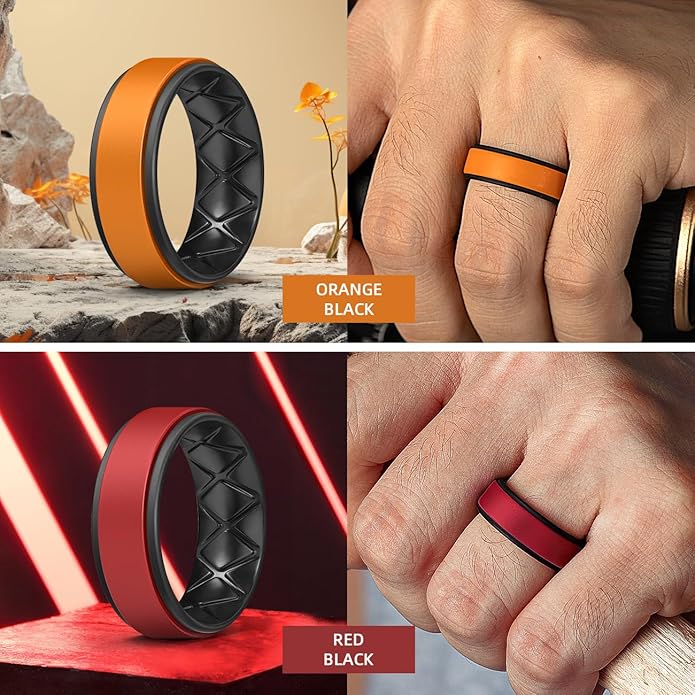 Egnaro Silicone Rings for Men 1/4/5/6/7 Multipack of Breathable Mens Silicone Rubber Wedding Rings Bands - Step Edge
