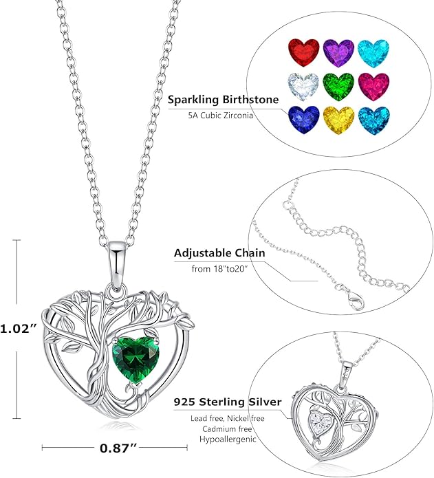 Tree of Life Necklaces for Women 925 Sterling Silver Heart Pendant Birthstone Necklace Created Gemstone Jewelry for Her, 18"+2"