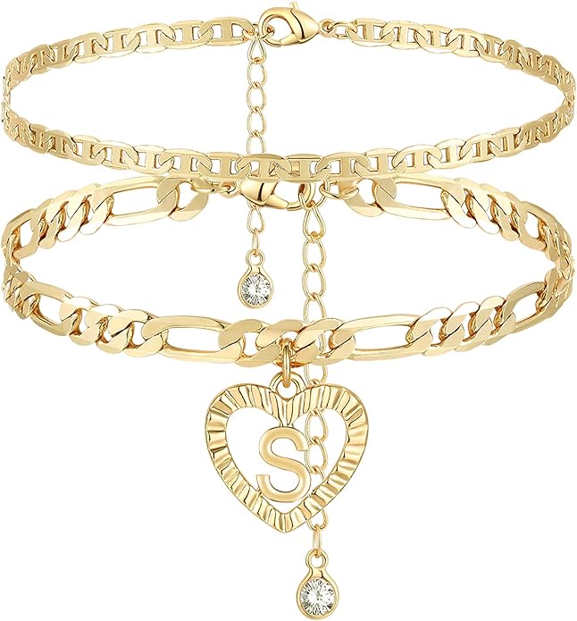 YANODA Initial Ankle Bracelets for Women 14K Gold Plated Layered Figaro Chain Letter Initial Anklets Handmade Layered Heart Ankle Bracelets Personalized Jewelry for Women