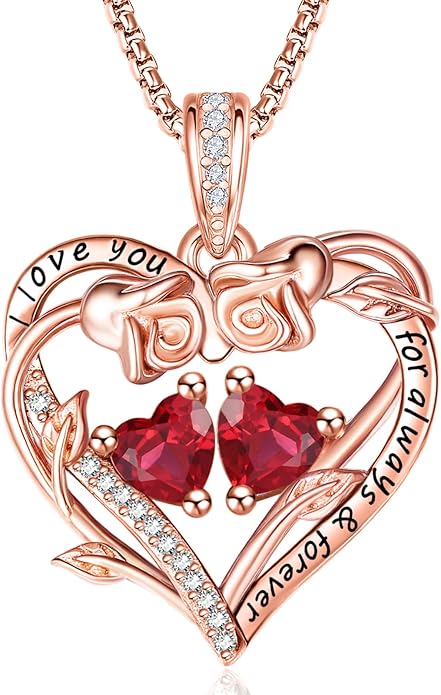 Rose Heart Necklaces for Women, Rose Gold Forever Love Jewelry with 2 Birthstones Pendant,Valentines Anniversarry Birthday Gifts for Her Wife Mom Grandma Daughter, 18+2 Inch Chain