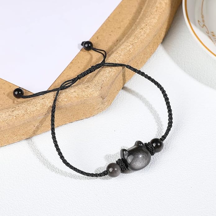 Money Attraction Cat Bracelet - Black Obsidian Women Bracelets -Wealth Prosperity Abundance Stone Bead Bracelet, Entrepreneur Business Luck Beaded Bracelets,Spiritual Mood Energy Cute Protection Stretch Bracelet,Health Good Luck Feng Shui Bracelets For...