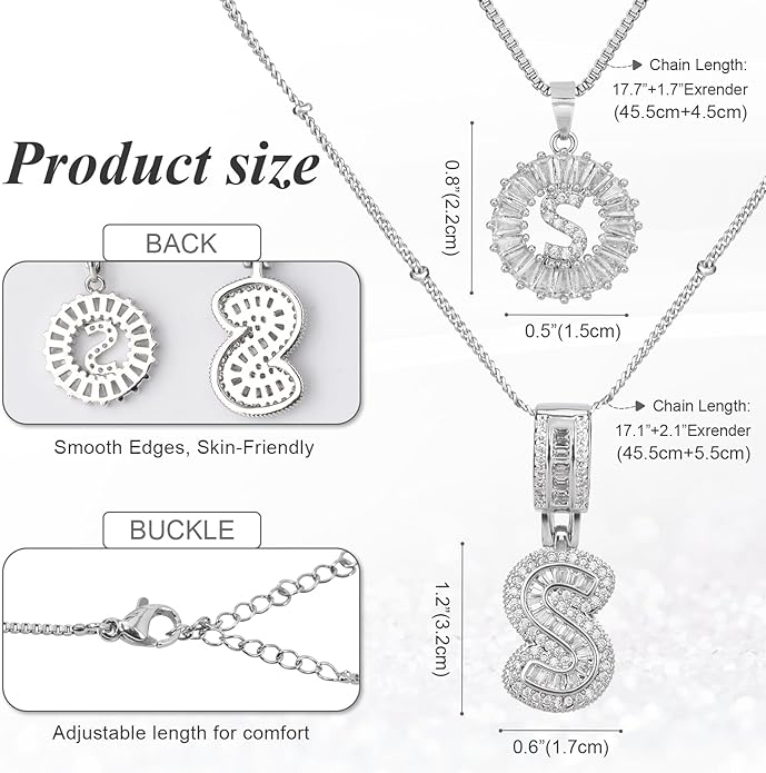 Initial Letter Necklace for Women 14k White Gold Silver Plated Dainty Necklaces Trendy Chunky Custom Layered Necklace Set Personalized Round Circle Zirconia A-Z Letter Chain Pendant Jewelry Gift