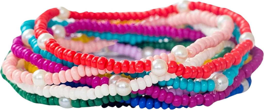 INK + ALLOY 10-Strand Stacking Beaded Bracelets for Women – Mixed Patterns Bracelet Stack - Adjustable Stretch Fit - Handmade Boho Bracelets for Women - Perfect for Any Occasion