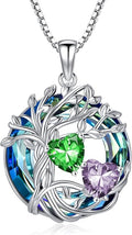TOUPOP s925 Sterling Silver Family Celtic Tree of Life Pendant Necklaces with 2 Heart Birthstone with Blue Austrian Crystal Jewelry Birthday Valentines Day Gifts for Her, Anniversary Christmas Gifts for Wife Girlfriend Mom (18K Real White Gold Filled)
