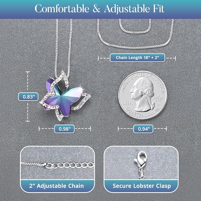 Valentine's Day Gift Butterfly Birthstone Crystal Necklace, Silver Tone with 18”+2” Chain, Necklace for Mother’s Day Anniversary Birthday Gifts for Women and Daughter