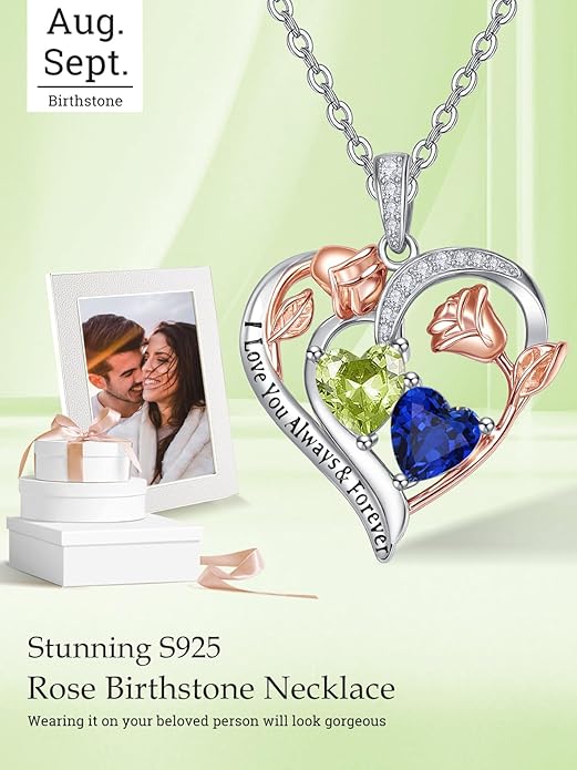 Valentine's Day Gifts for Wife 925 Sterling Silver Double Birthstone Pendant Necklaces I Love You for Always and Forever Necklace Anniversary Birthday Gifts for Wife Girlfriend Mom Her