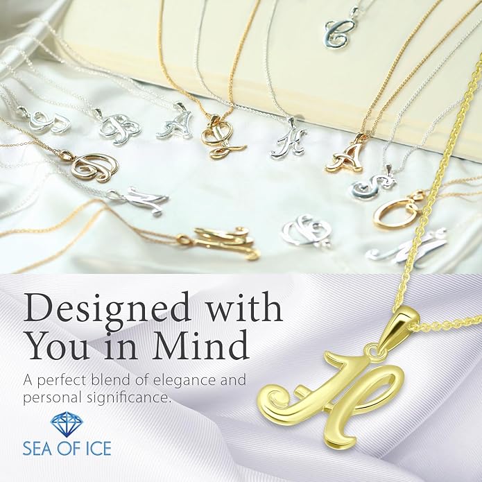 SEA OF ICE Letter Initial Necklace, Alphabet Letter Pendant Necklace, Sterling Silver, Gold, Rose Gold Necklace for Women, Elegant Initial Necklaces, Personalized Custom Women's Necklaces