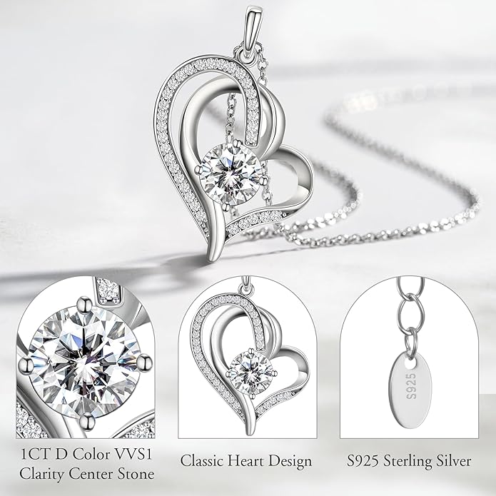 NORBU Moissanite Necklace for Women, 1 CT D Color VVS1 Clarity Round Cut, 925 Sterling Silver Heart Necklace with 18K White Gold Plated, Jewelry Gift for Wedding Anniversary Birthday Christmas Valentine's Day