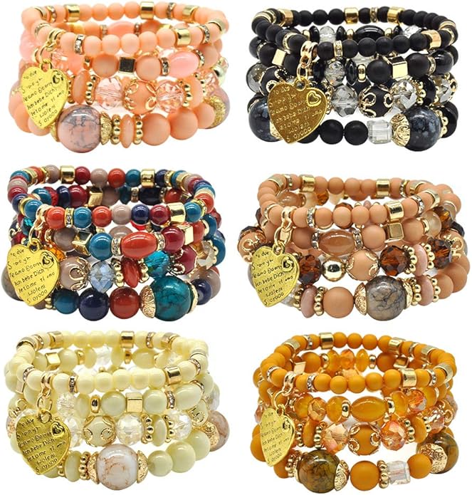 Bohemian Bracelet Sets for Women - 6 Sets Stackable Stretch Bracelets Multi-color Boho Jewelry for Women Hippie Bracelets Dainty Jewelry
