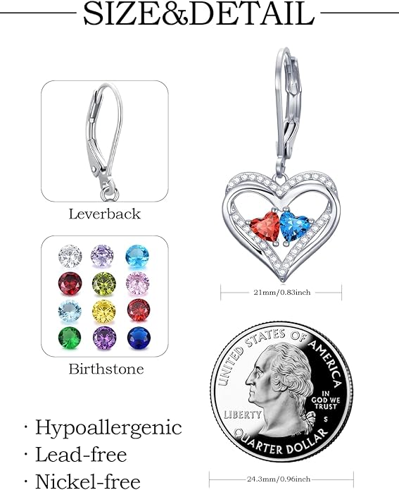 Valentines Day Gifts for Women, Heart Leverback Earrings Double Birthstone Dangle Earrings for Women, Love Jewelry for Her, Anniversary Birthday Gift for Mom Wife Girlfriend