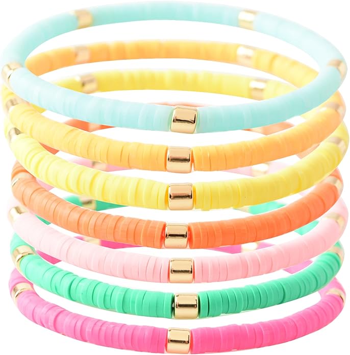 GOOJIDS Surfer Heishi Clay Bead Bracelets for Women Bohemian Stackable Gold Plated Beaded Stretch Bracelets Elastic Layering Friendship Bracelets Set Boho Jewelry
