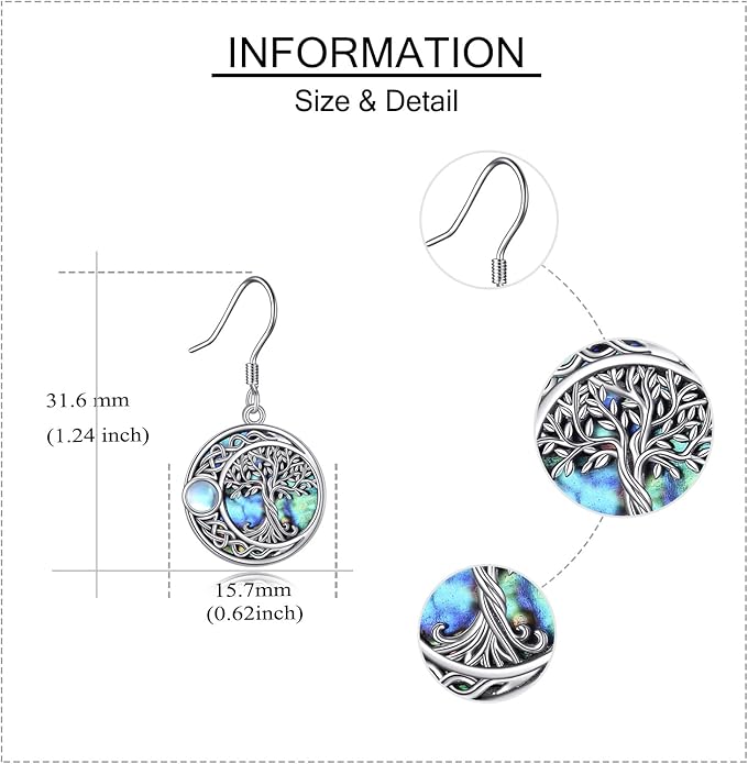 Tree of Life Earrings Sterling Silver Celtic Tree of Life Abalone Shell Dangle Drop Earrings for Women Jewelry