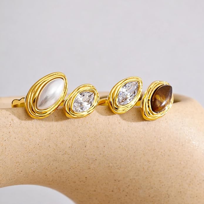 Mchic Adjustable Chunky Rings for Women: Dainty Natural Gemstone Ring Stainless Steel 18K Gold/Silver Plated Band Rings Non Tarnish Waterproof Statement Fashion Jewelry Gift for Women
