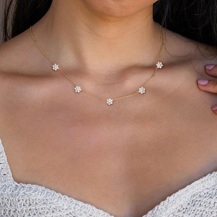VRIUA Necklaces for Women - 14K Gold/Silver Plated Dainty Chain Necklace with Five Charms: Diamond, Bow, Snowflake, Cross, Flower, Clover, Butterfly, Heart, Star of David, and Star Trendy Jewelry