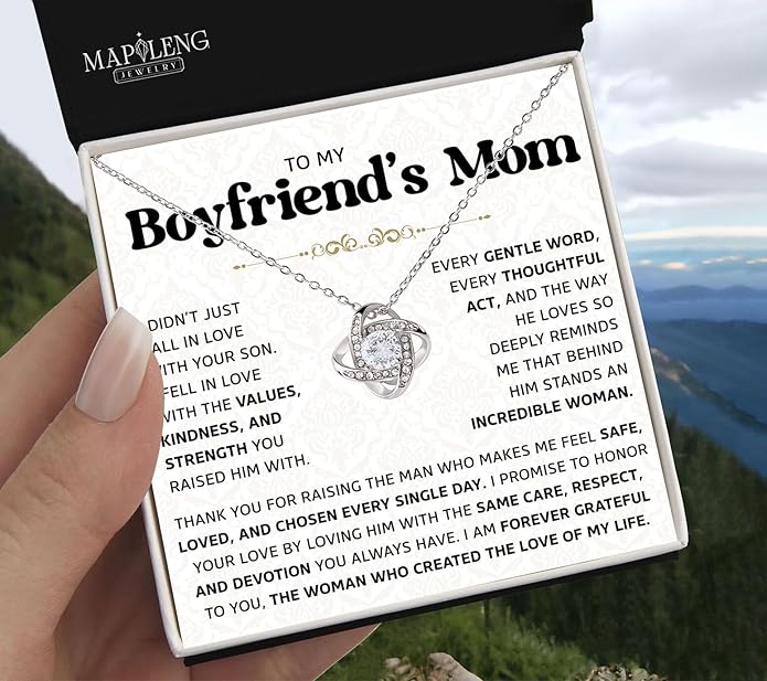 To My Boyfriend's Mom Love Knot Necklace, Elegant Jewelry Gift From Girlfriend, Meaningful Mothers Day Surprise, Birthday Christmas Keepsake With Heartfelt Message