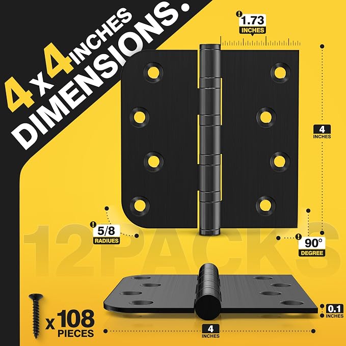 KOLET Ball Bearing Door Hinges, 4 x 4 Inches, Matte Black, 12 Pack | Heavy Duty - Image 2