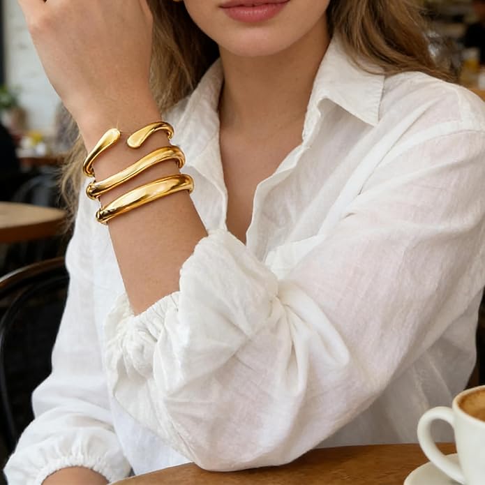 3Pcs Chunky Gold Bangles Bracelets for Women, Spring Hinged Big Stackable Bangles Set, Trendy Cuff Bracelet Stack Fashion Jewelry Gifts