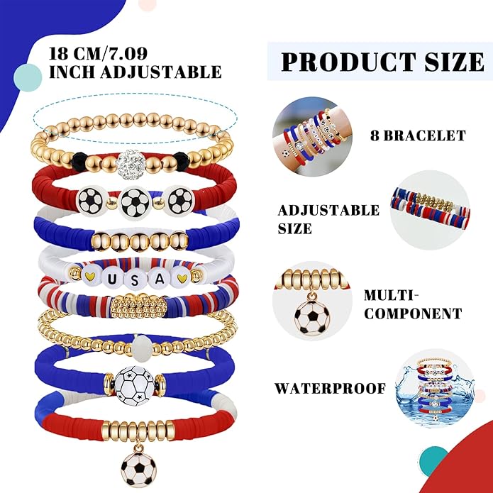 Game Day Bracelets for Women, Stackable Heishi Beaded Stretch Soccer Bracelet Soccer, World Soccer Cup Team Color Accessories & Outfits Jewelry, Soccers Dads Moms Coaches Fans Gifts