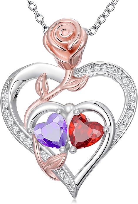 Rose Flower Heart Pendant for Women Birthday Gifts 18k Gold Plated Mother Daughter Necklace with 12 Months Birthstone Christmas Valentines Day Gifts for Her Mom Anniversarry Jewelry for Mom Wife Girlfriend