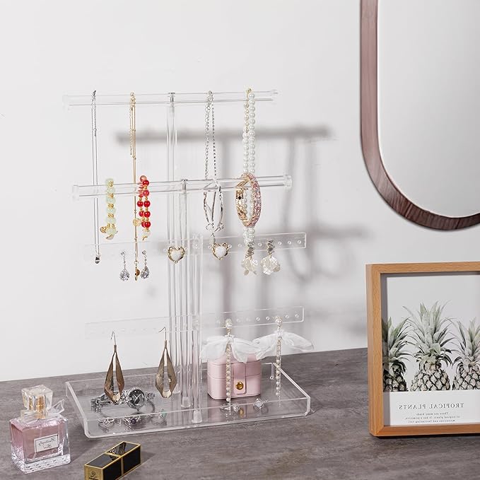 Acrylic Jewelry Display Stand 4-Tier Clear Jewelry Organizer, Necklace Bracelet Earring Watch Ring Jewelry Holder,Display Tower Tray Storage Gift for Women