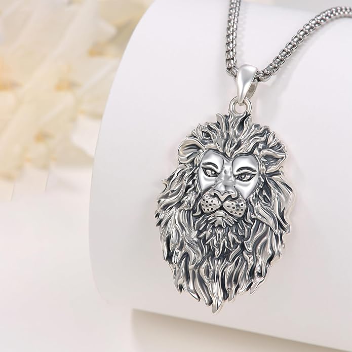 Cuoka Lion Necklace for Men Women S925 Sterling Silver King Retro Punk Gothic Hip Hop Rock Animal Lion Head Pendant Charm Jewelry Chain Necklace Viking Protection Amulet Necklaces