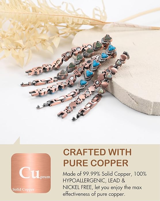 Feraco Pure Copper Bracelets for Women, Ultra Strength Magnetic Bracelet with 3800 Gauss Magnets & Natural Turquoise & Stones, Adjustable, Jewelry Gift