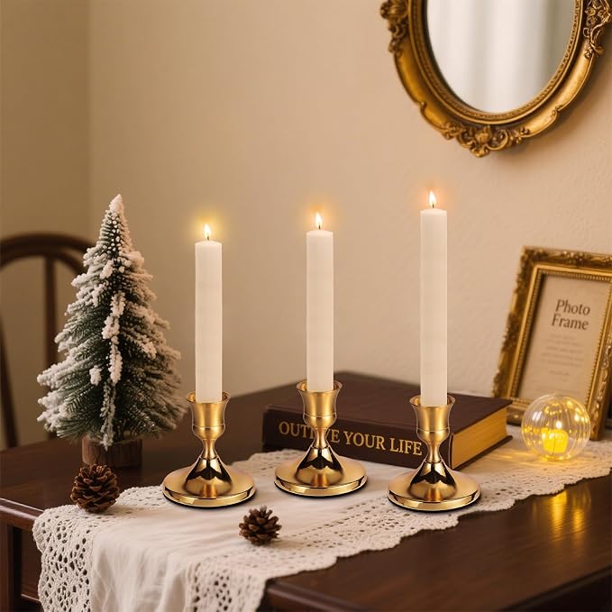 4 Pcs Brass Gold Taper Candle Holders, Vintage Metal Candlestick Holders Set - Image 8
