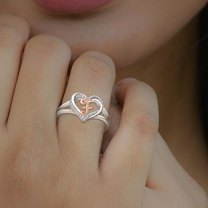 INFUSEU 925 Sterling Silver Initial Heart Ring for Women Girls, Adjustable Size