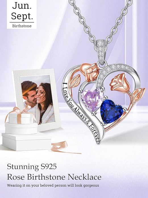 Valentine's Day Gifts for Wife 925 Sterling Silver Double Birthstone Pendant Necklaces I Love You for Always and Forever Necklace Anniversary Birthday Gifts for Wife Girlfriend Mom Her