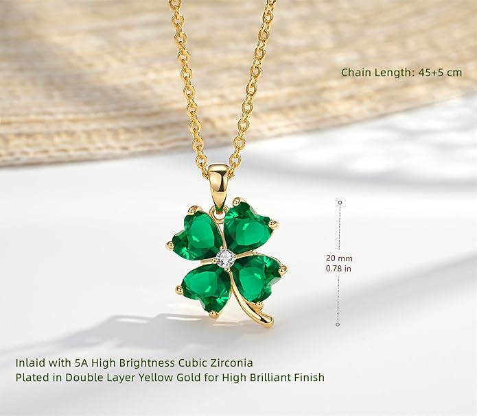 VONSSY Four Leaf Clover Necklace Earrings Shamrock Irish ST Patricks Jewelry Set Gift 18k Gold Plated Green Emerald Zircon Diamond Crystal Lucky Saint Pendant for Woman Wife Girlfriend Mom