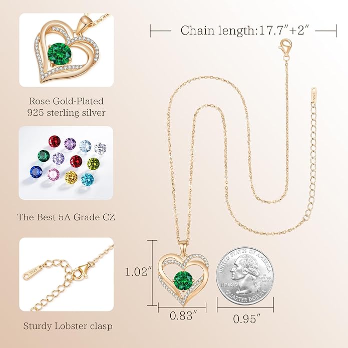 LOUISA SECRET Love Heart Birthstone Necklaces for Women, Birthday Gift for Girlfriend, Anniversary Jewelry Gift for Wife Her, 925 Sterling Silver Women Pendant Necklace, Mother's Day Christams Gift