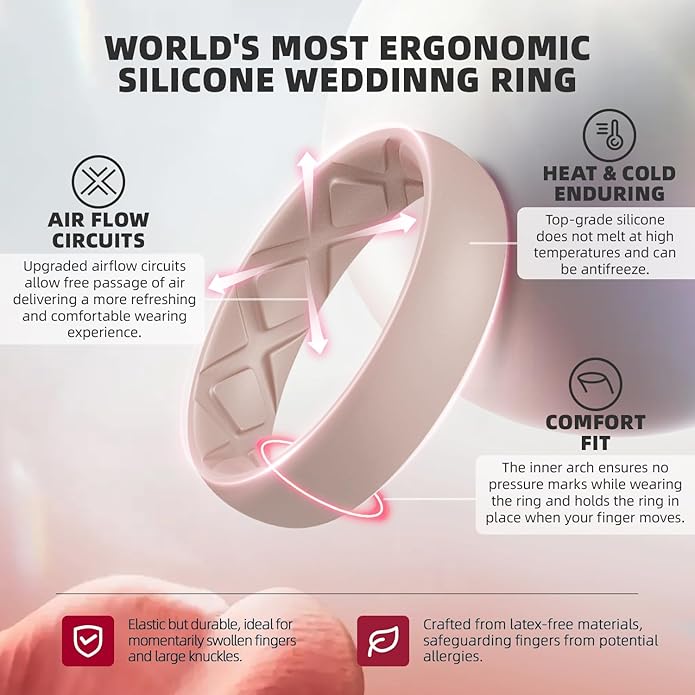 Egnaro Women's Bridal Rings Sets, Inner Arc Ergonomic Breathable Design Silicone Rubber Wedding Bands