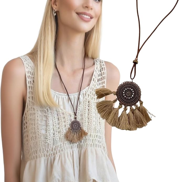 Boho Necklaces for Women, Vintage Pendant Necklaces Two Layers of Wear Choker, Adjustable Trendy Necklace Hippie Handmade Fashion Jewelry Accessories, Birthday Gifts