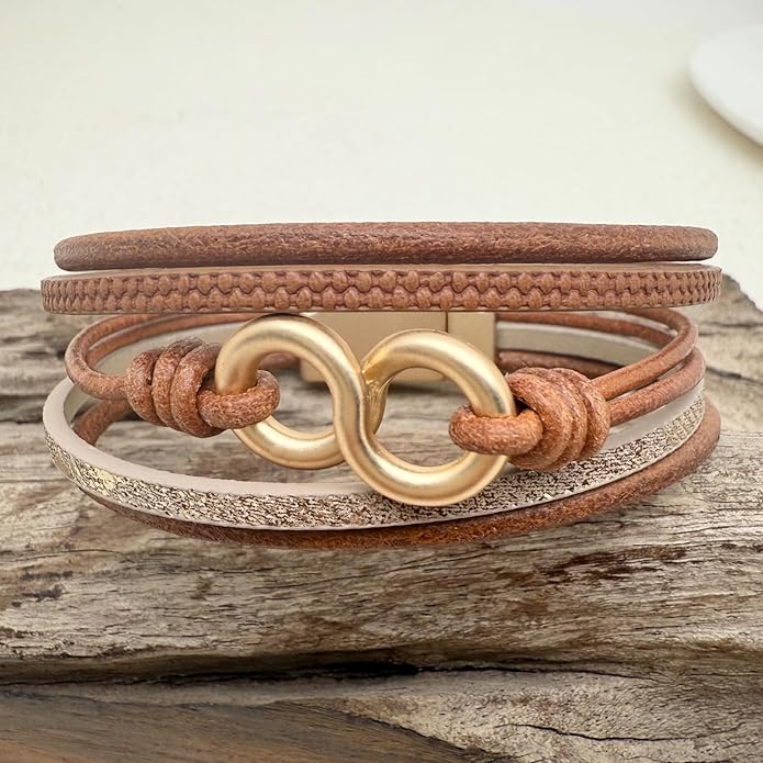 Leather Bracelet for Women Black Wrap Bangle Gold Infinity Bow-knot Bead Heart Bracelet Chunky Layered Bracelets for Women Trendy