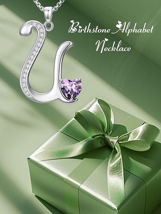 Valentines Day Gifts for Women Alphabet A to Z Initial Birthstone Pendant Necklaces for Women - 18k White Gold Plated Personalized Name Jewelry Valentine Mothers Day Birthday Gifts for Women Her Girlfriend